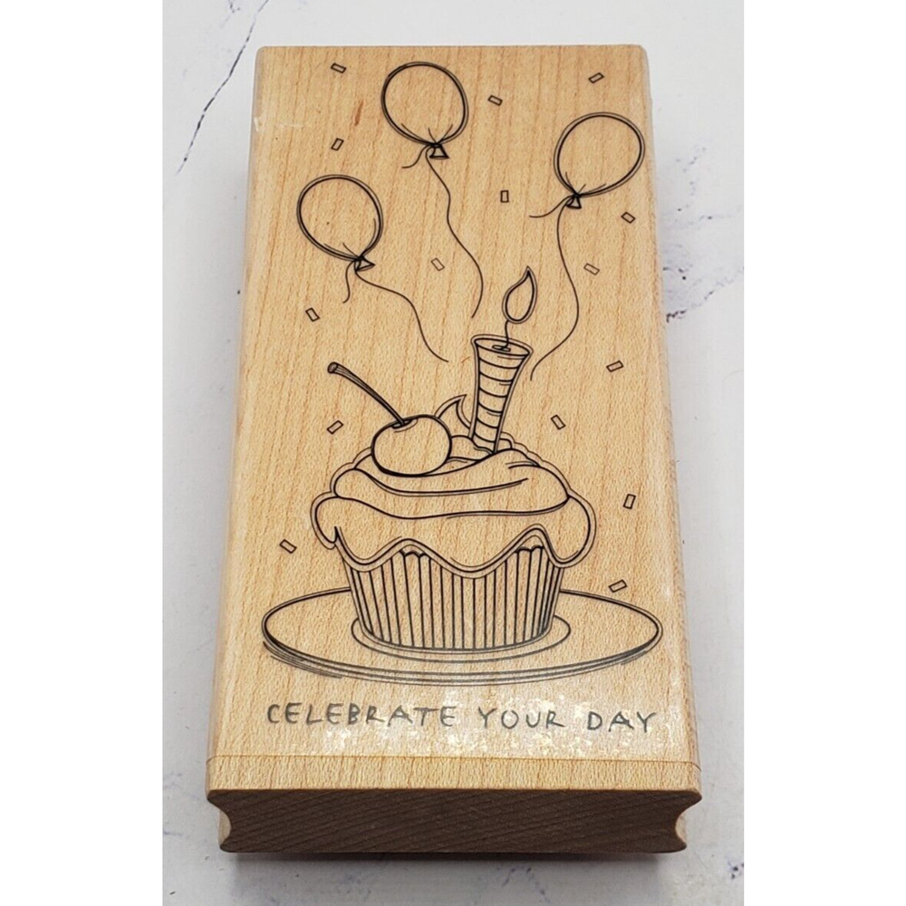 Celebrate Your Day Frosted Cupcake Hampton Art Wood Mounted Rubber Stamp